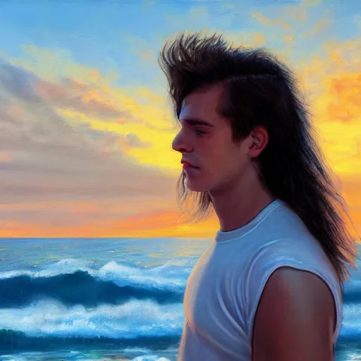 Image similar to a teen guy with a mullet, portrait, sunset, ocean in distance, oil painting, pale colors, high detail, 8 k, wide angle, trending on artstation,