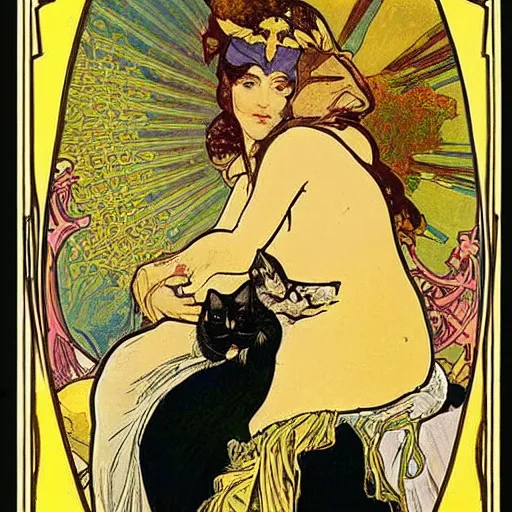 Image similar to a posters of Gypsy lady doing tarot card reading inside a gypsy caravan surrounded by cats in art nouveau from 1878, Alphonse Mucha, decorative panels, yellow paper, soft outline