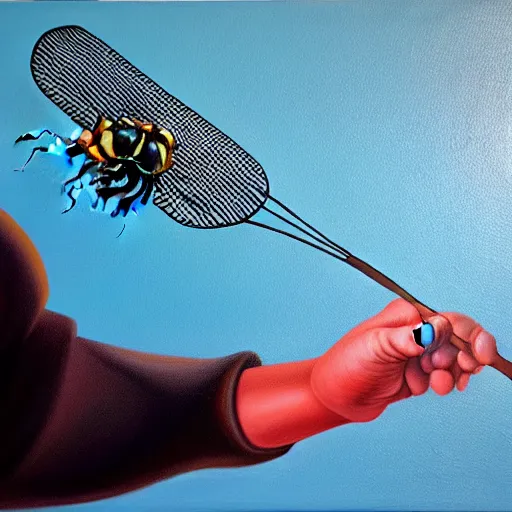 Image similar to hyperrealism painting from the housefly perspective getting swatted at from an angry man with a fly swatter