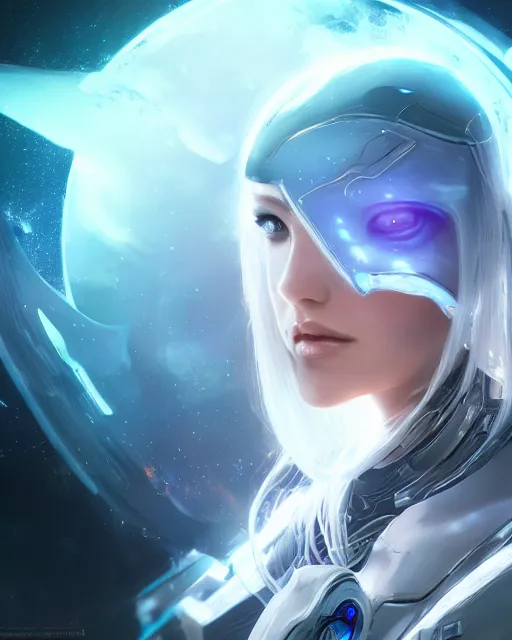 Image similar to perfect android girl on a mothership, warframe armor, beautiful face, scifi, futuristic, galaxy, nebula, raytracing, dreamy, long white hair, blue cyborg eyes, sharp focus, cinematic lighting, highly detailed, artstation, divine, by gauthier leblanc, kazuya takahashi, huifeng huang