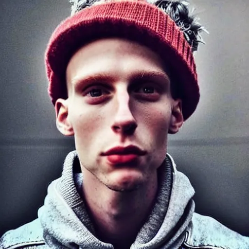 Image similar to “a realistic detailed photo of a guy who is an attractive humanoid who is half robot and half humanoid, who is a male android, rapper Machine Gun Kelly, shiny skin, posing like a statue, blank stare”