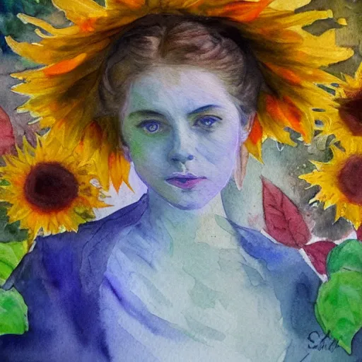 Prompt: molly sanden, watercolor, in the style of claude monet, beautiful face, sunflowers, fall leaves red and orange, award winning, hd, 4 k, purple, blue