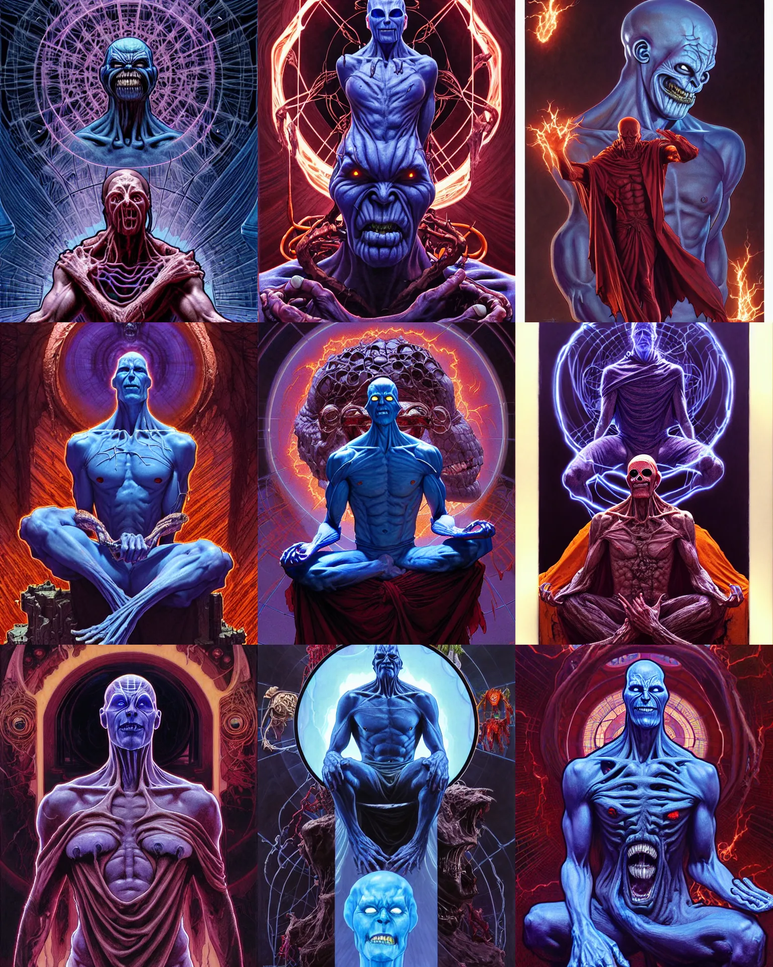Prompt: the platonic ideal of meditating of cletus kasady ultimate carnage thanos dementor doctor manhattan chtulu nazgul, detailed, intricate, hyperrealism, intense, scary, decay, dmt, art by brock hofer and artgerm and greg rutkowski and alphonse mucha