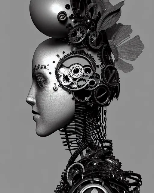 Image similar to black and white dreamy foggy smoky profile face portrait, one silver steampunk realistic eye biomechanical beautiful young female cyclope - cyborg - robot bust, body ribs meshes,, volumetric light, hibiscus flowers, by hg giger, rim light, by dora maar and cecile beaton, big gothic fashion pearl embroidered collar, 8 k
