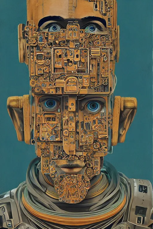 Image similar to robot monk painting a self - portrait on a canvas. intricate, highly detailed, photorealistic, film still, by christopher doyle.