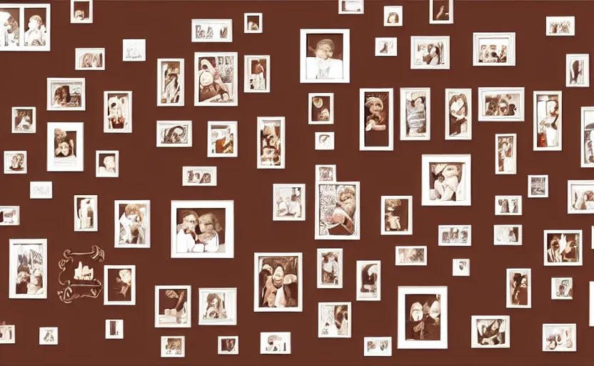 Image similar to story book illustration of a wall with family pictures, brown colors