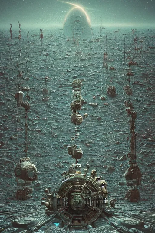 Image similar to interstellar spacetime dystopía made of bits of data | moods by Beeple toothwu gurney Beksiński | hard surface rendering; 3D realistic materials;cybersteampunk | geometry of various pieces of interconnected rusted metallic radial gears, chains, gizmos, cogs, sprogs | touch of skyblue science fiction fantasy