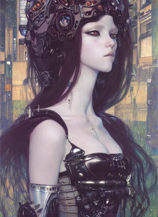 Image similar to portrait of beautiful young gothic maiden, cyberpunk, Warhammer, highly detailed, artstation, illustration, art by Gustav Klimt and Range Murata