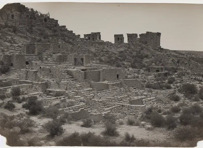 Prompt: Antique photograph of pueblo ruins on a towering Mesa showing terraced gardens in the foreground, albumen silver print, Smithsonian American Art Museum