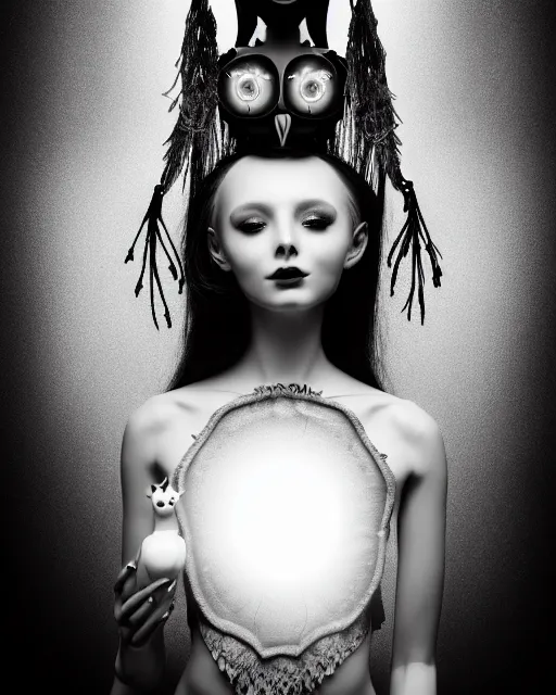 Image similar to surreal mythical dreamy dark artistic black and white fine art 3 / 4 fashion portrait photo of a young beautiful delicate female robot - witch - owl with orchid - doll face, rim light, cinematic, studio dramatic light, poetic, masterpiece, octane render, 8 k, photo - realistic by gustave dore william black