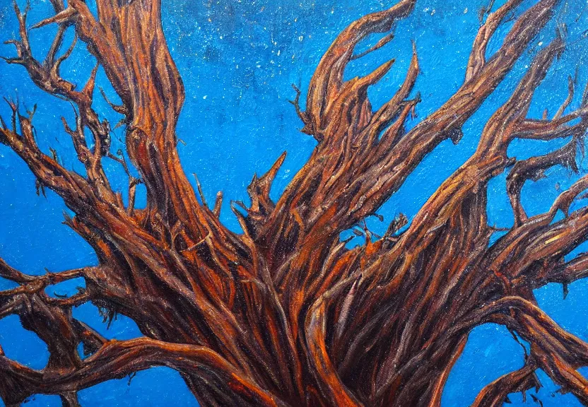 Prompt: detailed oil painting of a a shattered tree in the bottom of the ocean, ralph goings, some edges lost, high contrast