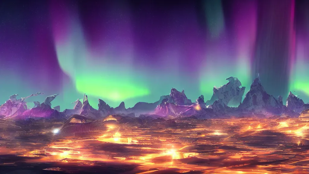 Image similar to futuristic city, aurora borealis, mountains in the distance, multiple moons, ignis fatuus