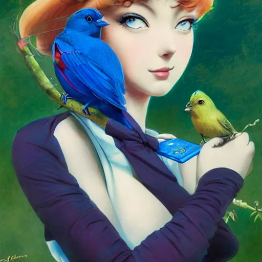 Image similar to anime pinup girl holding an indigo bunting, bird, the bird is wearing a bowtie, by greg rutkowski, rossdraws, gil elvgren, enoch bolles, anime, porcelain skin, very coherent