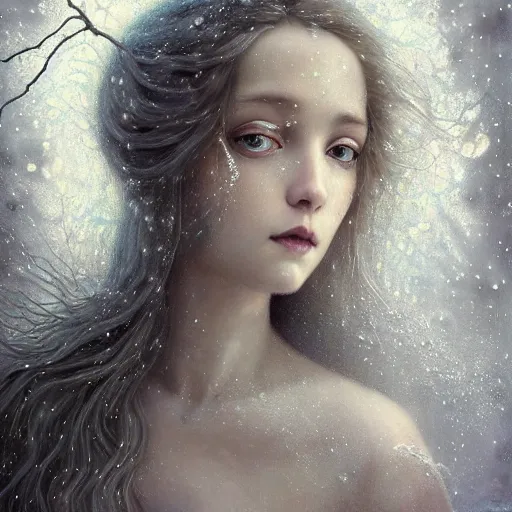 Image similar to Beautiful Delicate Detailed portrait of snow woman, With Magical grey eyes by Tom Bagshaw, Bastien Lecouffe Deharme, Erik Johansson, Amanda Sage, Alex Grey, Alphonse Mucha, Harry Clarke, Josephine Wall and Pino Daeni, Delicate winter frozen creature With long white windy Hair and Magical Sparkling Eyes, Magic Particles; Magic Swirls, 4K; 64 megapixels; 8K resolution concept art; detailed painting; digital illustration; hyperrealism; trending on Artstation; Unreal Engine Photorealistic, lifelike, Unreal Engine, sharp, sharpness, detailed, 8K