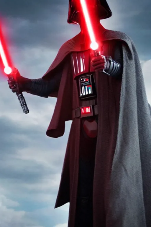 Image similar to tom holland as a sith in a new star wars film, 3 5 mm photography, highly detailed, cinematic lighting, standing pose, holding lightsaber 4 k