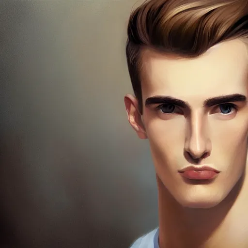 Image similar to tall man in his twenties with brown blond short quiff hair and thin slightly round facial structure with cleft chin, straight eyebrows and prominent nose, good definition of cheekbones, big hazel nut brown eyes, narrow face, slim body, atmospheric lighting, painted, intricate, 4 k, highly detailed by charlie bowater