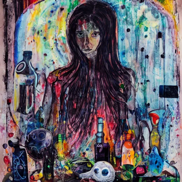 Prompt: a portrait in a dark apartment, moonlight from a window, a female art student holding a jellyfish, milk puddles, berries, broken bottles, metaphysical, neo - expressionism, surrealism, acrylic and spray paint and oilstick on canvas