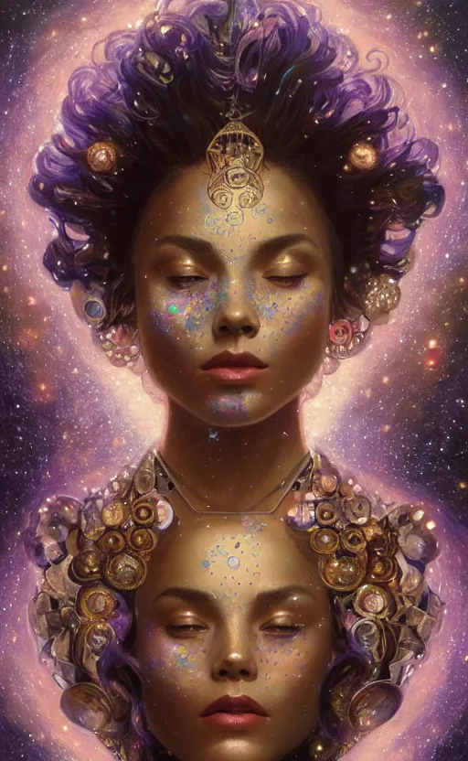 Image similar to portrait of a cosmic goddess, suit made out of stars and galaxies and cosmic energy, intricate, headshot, highly detailed, digital painting, artstation, concept art, sharp focus, cinematic lighting, illustration, art by artgerm and greg rutkowski, alphonse mucha, cgsociety