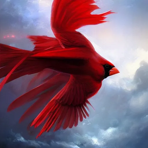 Image similar to a painting of a red cardinal flying through the sky, poster art by raymond swanland, deviantart, fantasy art, christian, deviantart, mystical