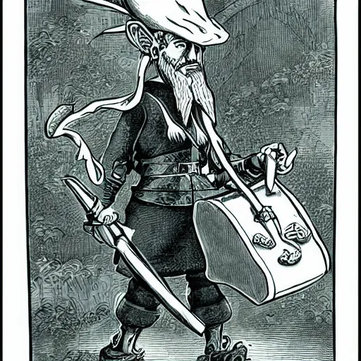 Image similar to elf with beard, holding a bomb, dnd, high detail, fantasy, in the style of vintage antique illustration and line drawing or engraving - c 9. 0