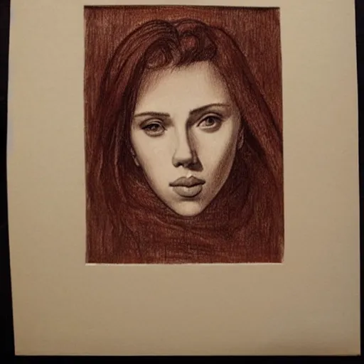 Prompt: a finished, detailed portrait drawing with reddish brown ink on parchment of a very young scarlett johansson, by leonardo davinci in davinci's style from one of his notebooks