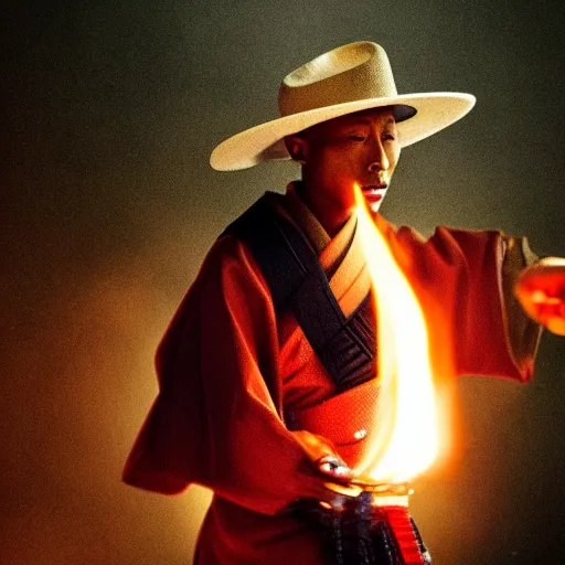 Image similar to cinematic film still Pharrell Williams starring as a Samurai holding fire, Japanese CGI, VFX, 2003, 40mm lens, shallow depth of field,film photography