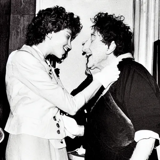 Image similar to bob dylan kissing queen elizabeth, photograph, high detail