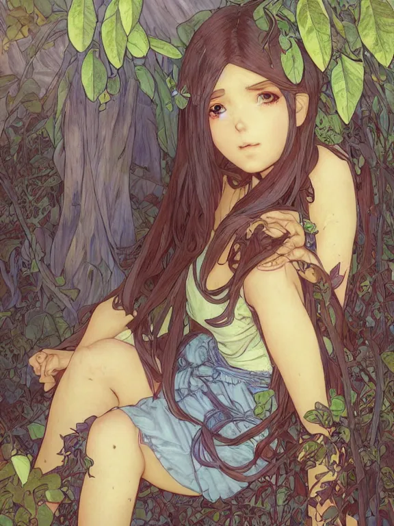 Image similar to full body picture of a blueberry neighborhood girl looking at the camera, cynical, bored, beautiful and aesthetic, intricate, unreal engine, messy hair, highly detailed, detailed face, smooth, sharp focus, chiaroscuro, manga illustration, artgerm, greg rutkowski, alphonse mucha, young adult light novel cover art