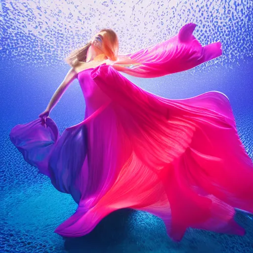 Image similar to woman dancing underwater wearing a flowing dress made of many layers of blue, magenta, and yellow translucent lace, elegant coral sea bottom, swirling silver fish, octane render, caustics lighting from above, cinematic