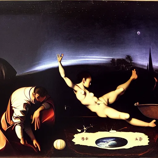 Image similar to about world in comfort caravaggio and quint bucholz parallel reality with unreal endless night sky
