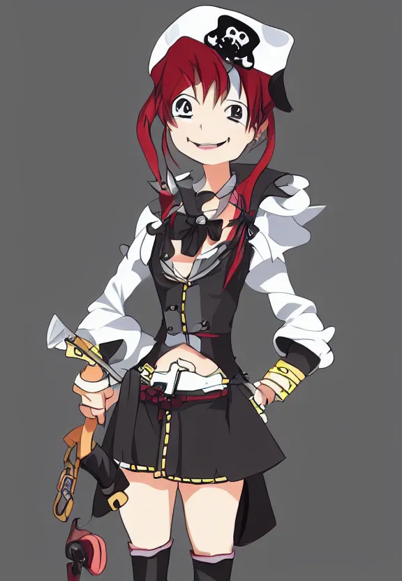 Image similar to wide angle portrait of a female pirate, a cute uniform, somewhat of an anime in pixar style, trending artwork, made with anime painter studio, by pixar and an anime artist, collaboration