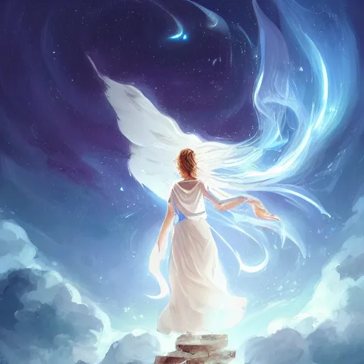 Image similar to The conceptual art features a woman with wings made of stars, surrounded by a blue and white night sky. The woman is holding a staff in one hand, and a star in the other. She is wearing a billowing white dress, and her hair is blowing in the wind. by Andreas Rocha random