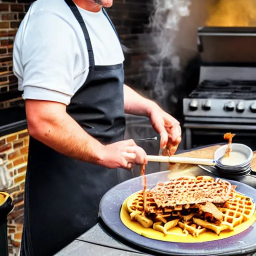 Image similar to wafflehouse restaurant cook smoking a cigarette while cooking food on a flat top grill