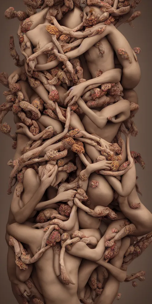 Prompt: closeup photograph of a surrealist sculpture human bodies intertwined, a lovely cornucopia of flowers and human body parts, body parts, muted color palette, skin tones, golden ratio, perfect geometry, highly detailed, octane render, cinematic