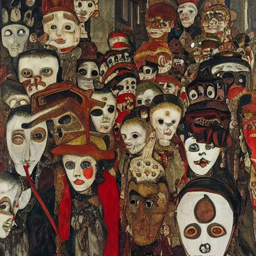 Image similar to carnival masks in narrow crowded streets of Rome, by Egon Schiele