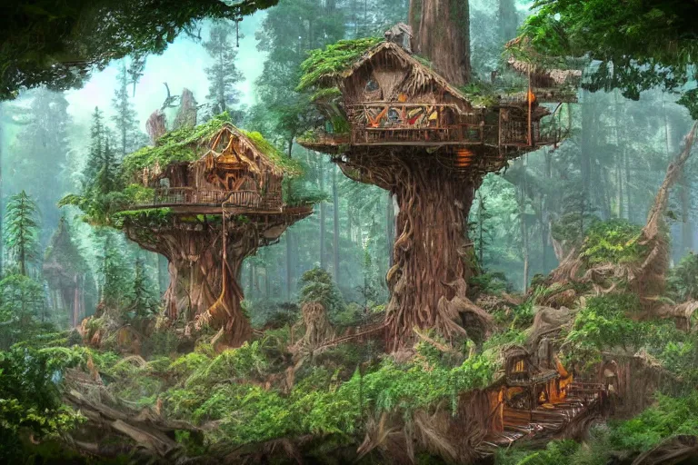 Image similar to various treehouses mounted on giant redwood tree trunks, interconnected by rope bridges, fantasy setting, dense vegetation, very detailed, d & d concept art, 4 k