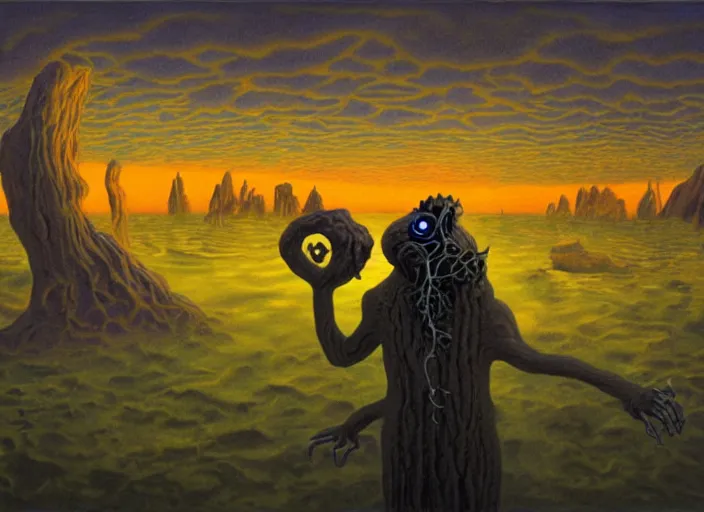 Prompt: surrealist impressionist painting of eldritch garfield at dusk, in the style of michael whelan and james gurney and wayne barlowe