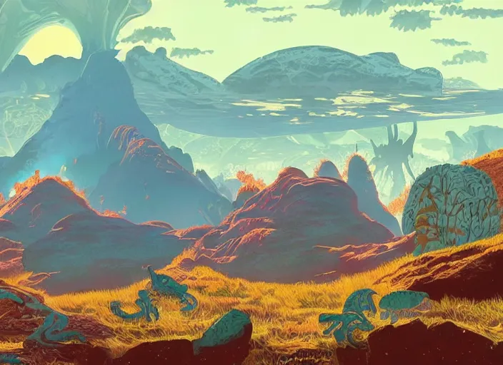 Image similar to psychedelic art of a prehistoric landscape with dinosaurs and volcanoes, detailed, cel shaded, by makoto shinkai and moebius and anton fadeev and james gurney