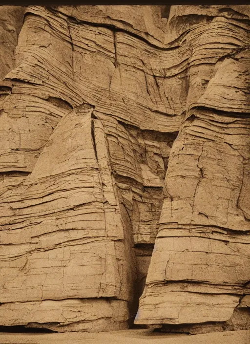 Prompt: Line wrawing by John Wesley Powell of towering rock formations carved by the wind, surrounded by sparse vegetation, sepia toned, Smithsonian American Art Museum.