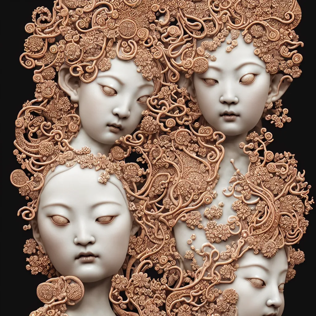 Image similar to The Goddess of Beauty, A Close up photo-real delicate ceramic porcelain sculpture of a symmetrical ornate detailed in front of an intricate background by Victo Ngai and takato yamamoto, micro detail, backlit lighting, face in focus, subsurface scattering, translucent, thin porcelain, octane renderer, colorful, physically based rendering, japanese pottery, trending on cgsociety