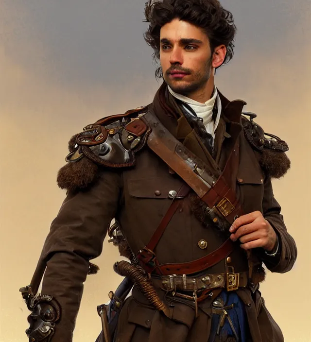 Image similar to portrait of a man with brown curly hair and deep brown eyes wearing a blue traditional 1 9 th century military jacket, metal shoulder pauldrons, intricate, highly detailed, digital painting, artstation, concept art, sharp focus, cinematic lighting, illustration, art by artgerm and greg rutkowski, alphonse mucha, cgsociety