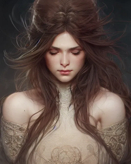 Image similar to close up portrait of a unsplash portrait model, soft hair, half body, leather, d & d, fantasy, intricate, elegant, highly detailed, digital painting, artstation, concept art, smooth, sharp focus, illustration, art by artgerm and greg rutkowski and alphonse mucha