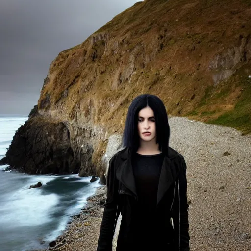 Prompt: 1 7 - year - old pale - skinned persian girl with black long bob cut, long hair, black gothic jacket, blue jeans, psychic girl, psychokinetic girl, standing on cliff along the irish coast, overcast gray skies, ultra - realistic, sharp details, subsurface scattering, intricate details, cold lighting, highly detailed, photorealistic, octane render, 8 k unreal engine