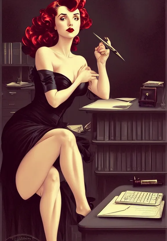 Image similar to A femme fatale sitting at the desk of a small 50’s style private detective’s office, fantasy magic, dark pin-up style hair, dark light night, intricate, elegant, sharp focus, illustration, highly detailed, digital painting, concept art, matte, art by WLOP and Artgerm and Greg Rutkowski and Alphonse Mucha, masterpiece