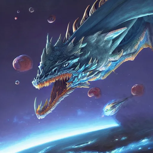 Prompt: Gigantic blue scaled dragon devouring an earth like planet while flying in space, sun system, behemoth, European dragon, nebula, oil painting, by Fernanda Suarez and Edgar Maxence and Greg Rutkowski