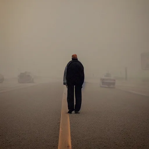 Prompt: the last living human on earth, disaster, gloomy, sad, dust filled air, dim orange and green light, photography.