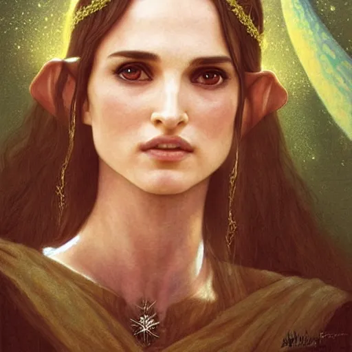 Prompt: head and shoulders portrait 3 5 mm photo from “ lord of the rings ” of natalie portman as a female elf sorceress, by kuvshinov ilya, wayne barlowe, gustav klimt, artgerm, and william - adolphe bouguereau