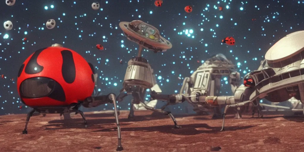 Image similar to a 3 d rendered movie still a ladybug descendant 1 million into the future. the ladybug is sentient, wears a spacesuit, and travels the stars in a super awesome space ship. science fiction blockbuster movie ladybugs rule the world, imax 7 0 mm. bladerunner, silent running