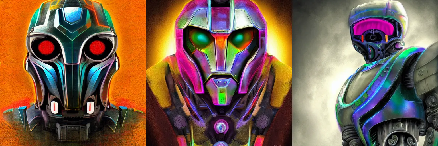 Prompt: Concept Digital Art Highly detailed Art Deco Cybertronian Nomad Robot portrait with chromatic padding by Stephen Artist, mysterious background and colored fog, mysterious gaze, humanoid portrait