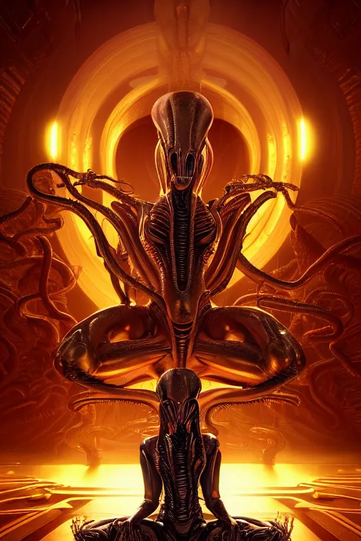 Image similar to masterpiece poster of glistening elegant queen empress xenomorph alien meditating lotus position, inside ominous glowing alien temple shrine. in the style of aliens, by weta workshop, james cameron, h. r. giger, beautiful octane render, extremely intricate, epic composition, cinematic lighting,, trending on artstation, cinematic dramatic atmosphere, matte painting